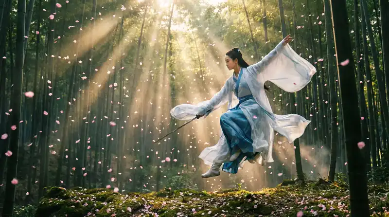 海角社区精彩影片预告片画面，竹林中女侠飞身舞剑